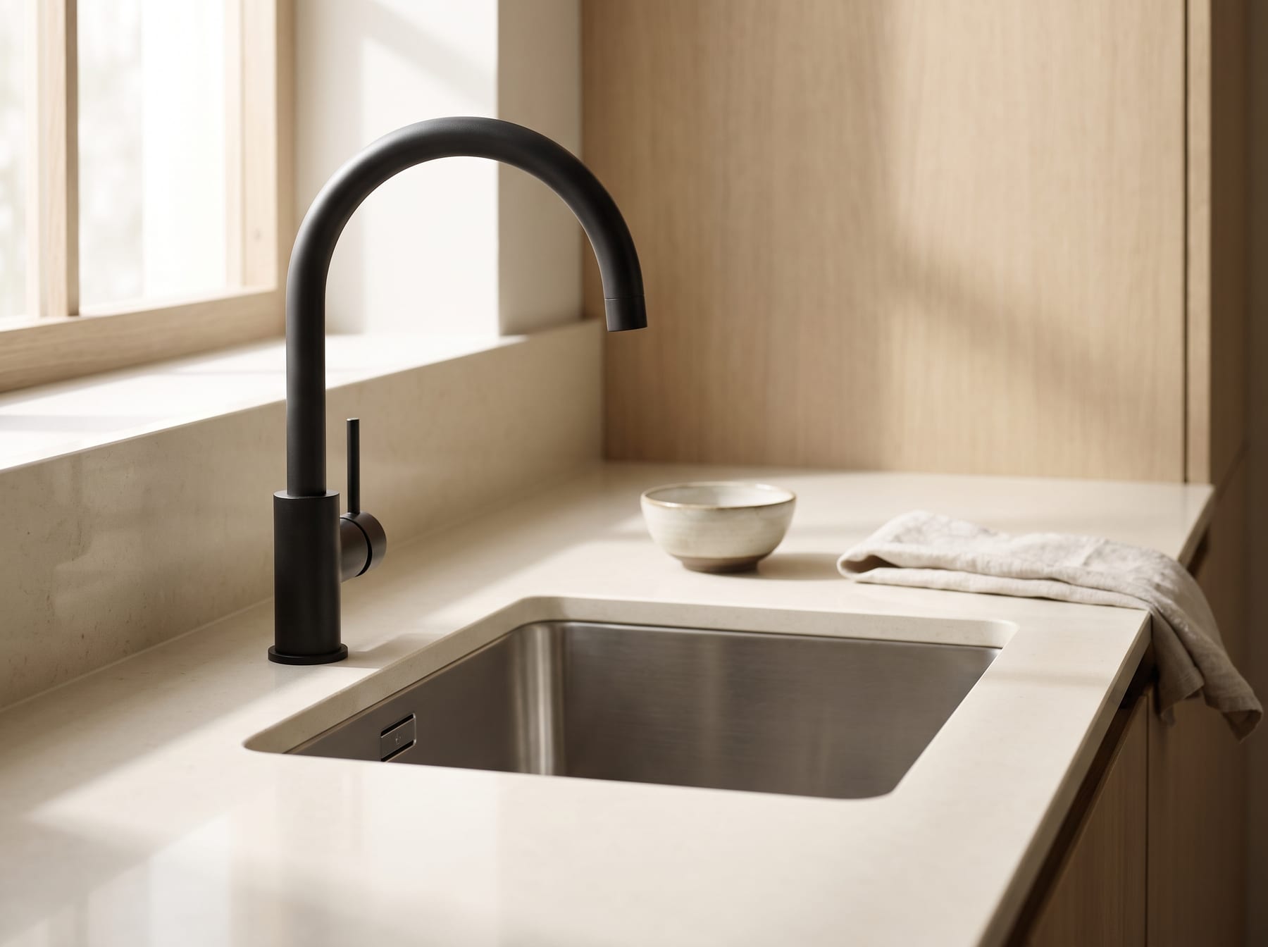 A modern kitchen tap over a steel sink